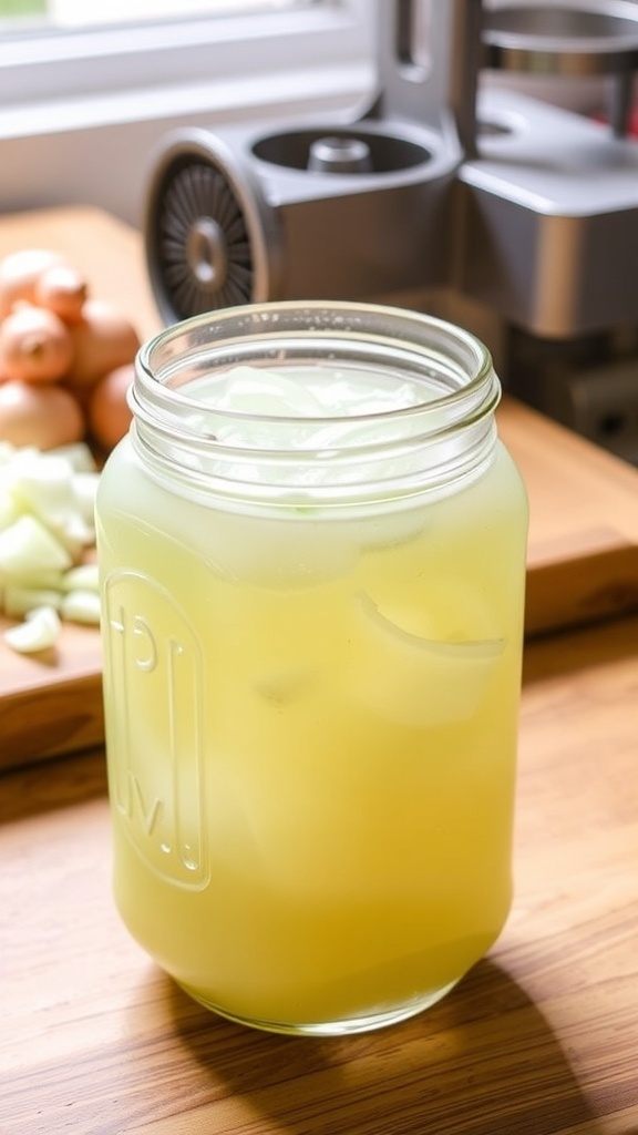 A jar of fresh onion juice with chopped onions and a juicer in the background.